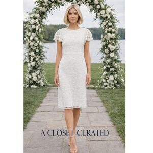 Mac Duggal Beaded Sequin Floral Embellished Midi Dress White NWT 2 Style 10827